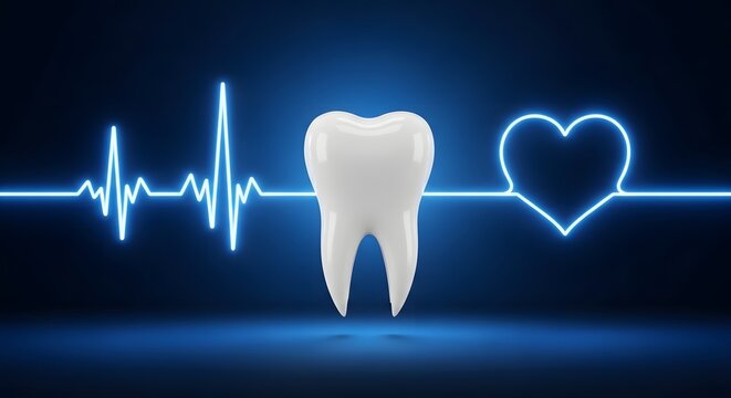 A glowing white tooth with a heartbeat line and heart symbol