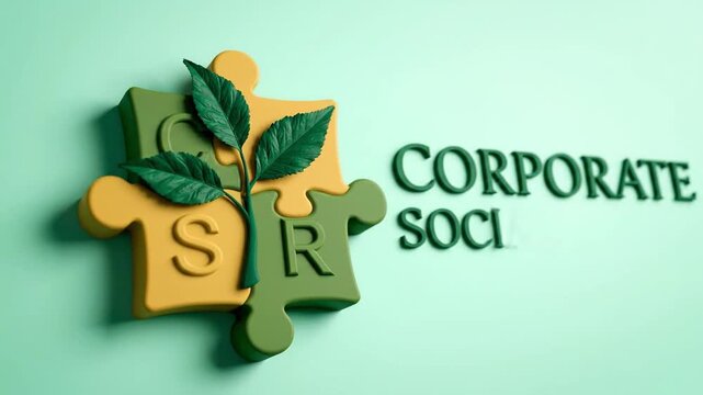 Close-up of CSR puzzle pieces with a plant growing out, symbolizing corporate social responsibility on a light green background for International Day of Conscience in 4K video.