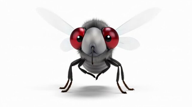Cartoon housefly character insect with red eyes and wings against white backdrop animated bug close up