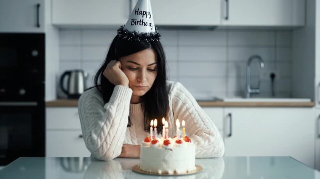 A young woman wearing a party hat sits alone at a kitchen table with a birthday cake in front of her looking sad and disappointed