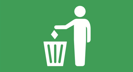 White vector graphic illustration of a person discarding a diamond-shaped item into a trash can.