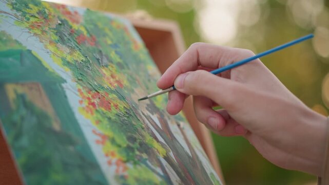 urban outdoor closeup hands painting canvas, streetside scene under lamp glow, painter adding floral details with fine brush, twilight bokeh and city atmosphere, public practice session
