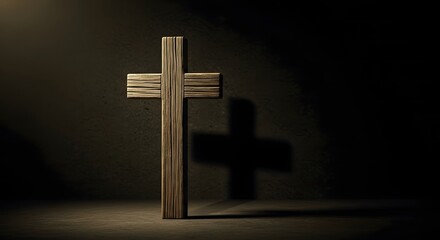 A dramatic scene featuring two wooden crosses against a dark background