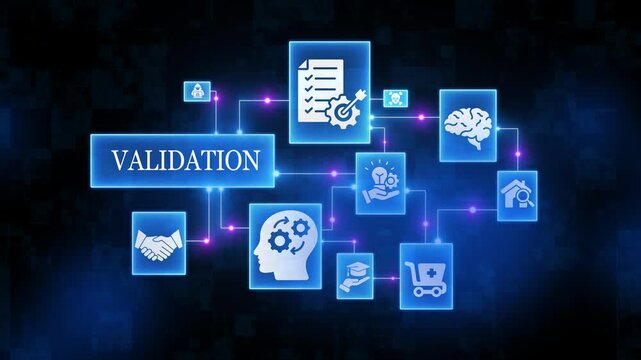 Validation Concept with and Symbols on Blue Background business technology flowchart