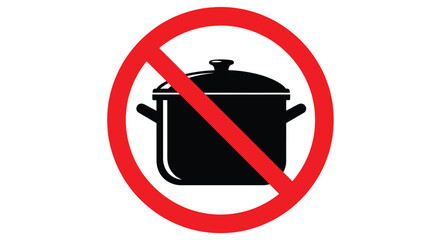 Simple black cooking pot icon crossed out with a bold red prohibition sign vector graphic