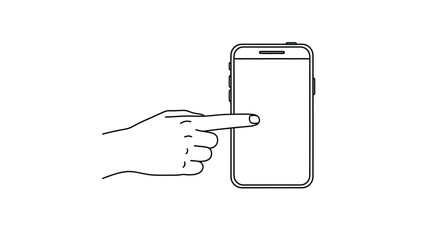 Simple vector graphic depicting a human hand's index finger tapping a modern mobile phone's blank display.
