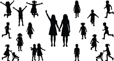 Obraz premium Collection of black silhouettes showing happy mothers holding hands with children playing jumping running and walking with baby strollers in park
