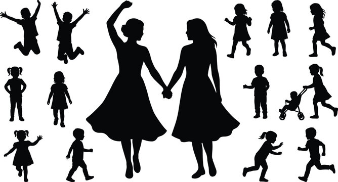 Diverse silhouettes of happy mothers holding hands with joyful children playing jumping and running in a large family gathering set