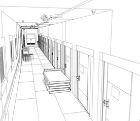A stark hospital hallway in black and white contour drawing, featuring a long perspective of doors, ceiling lights, and scattered chairs and tables.