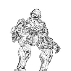 A sci-fi robot unit contour sketch. This simple design on a white background provides fun creative activity for kids.