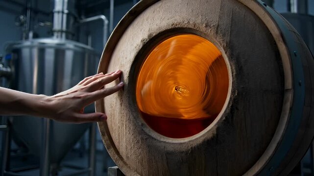 Hand Touching Wine Barrel With Swirling Liquid, Brewery Environment