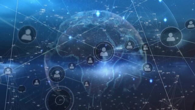 Animation of network of profile icons and light trails over spinning globe against blue background