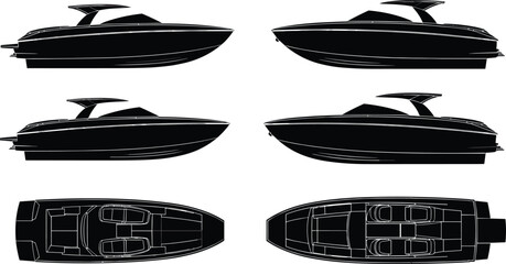 Collection of black yacht and speed boat silhouettes in side and plan views for architectural site plans, marine maps, and coastal cad drawings, © Rajbala