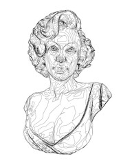 A detailed black and white bust drawing of a woman with curly hair. The sketch-like contour features intricate shading for a realistic sculptural appearance.