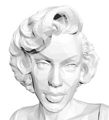A low poly black and white bust sculpture of a woman, featuring intricate polygonal details against a stark white background.