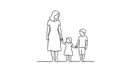 Obraz premium Continuous line drawing of a mother holding hands with her two children.