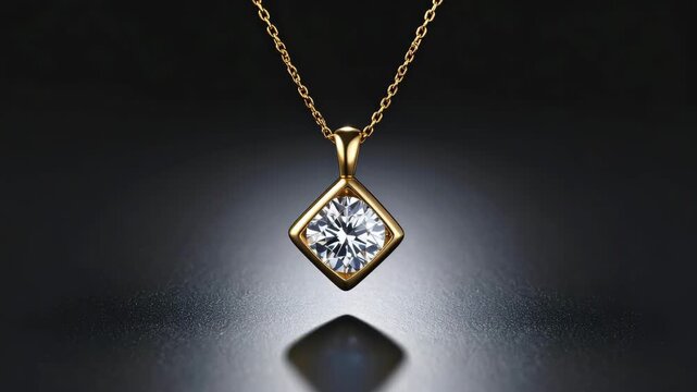 Elegant gold necklace with square pendant featuring a sparkling brilliant cut diamond on a dark background