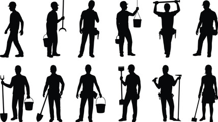 Construction workers silhouettes with tools and equipment, standing walking carrying bucket shovel rake hammer, isolated black vector illustration set © SreeShoyagini