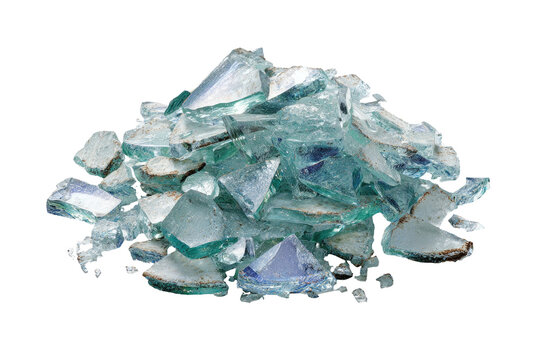 A pile of fractured glass shards, translucent, in varying shapes and sizes, against a black backdrop