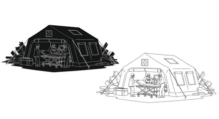 Field hospital tent with medical staff attending to a patient shown in two views © Rokiya Aktar