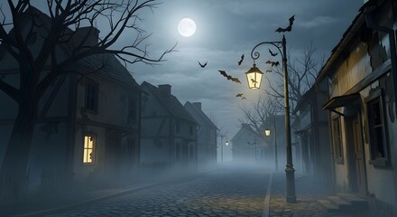 A mysterious foggy street under a full moon with bats flying around.