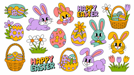 Colorful easter icons set with bunnies eggs baskets and flowers on white background for holiday decoration