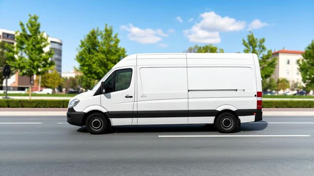 White blank delivery van driving on an urban city road with green trees and blue sky on a sunny day