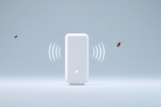 Ultrasonic pest repeller device at center emitting illustrated sound wave pushing away cockroach representing effectiveness of smart home protection and modern electronic pest control solution.