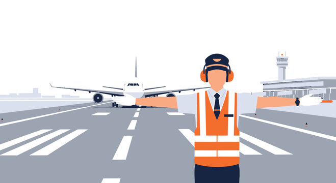 Airport Ground Crew Guiding Airplane on Runway with Control Tower and Terminal