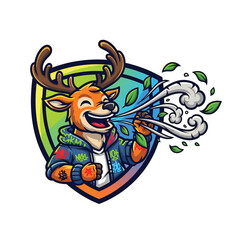 Cheerful deer mascot blowing wind leaves in shield