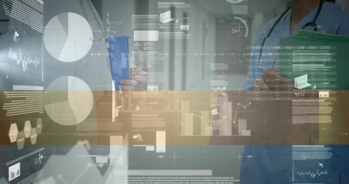 Two healthcare professionals walking in hospital corridor, analyzing floating medical charts