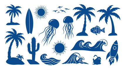 Obraz premium A set of blue silhouette icons featuring tropical beach elements, including palm trees, waves, sea creatures, and sunny weather