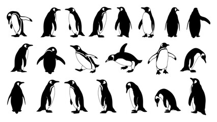An illustration featuring multiple penguins in different standing poses and silhouettes against a white background © PIXAVIVE