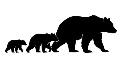 Fototapeta premium A black silhouette image of a large bear and two smaller bears walking in a line