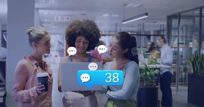Business colleagues juggling laptop, coffee chat bubble causing counter rising eight to ninety five
