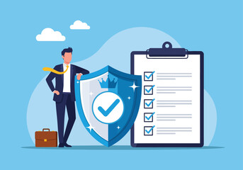 A confident businessman stands beside a large blue shield featuring a white checkmark and crown, illustrating total business security and compliance next to a giant clipboard with a checked task list © Skyframe