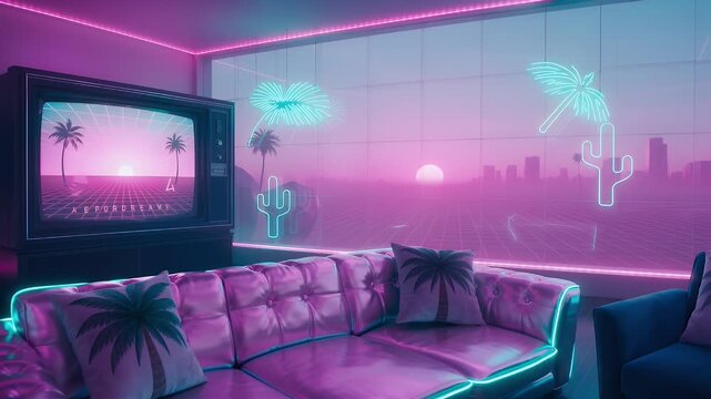 Vaporwave aesthetic living room with neon accents and retro television display