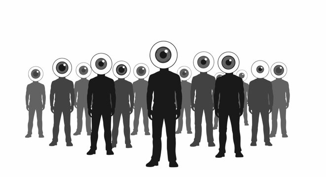 A group of people with camera eyes standing together in a crowd