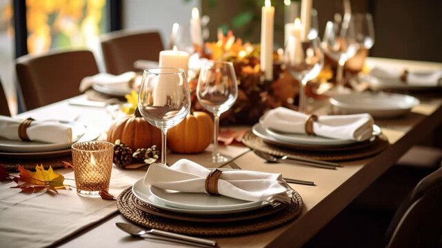 Elegant Thanksgiving table decoration with warm candlelight pumpkins wine glasses and autumn leaves on wooden surface