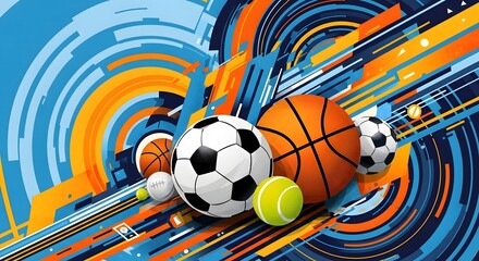 A vibrant and dynamic illustration of various sports balls in motion