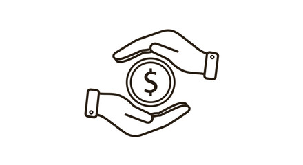Vector illustration of hands protecting a dollar coin, representing financial security, savings, and money management.
