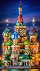 Obraz premium Illuminated Russian Orthodox church with multi-colored domes and steeples at night in Moscow