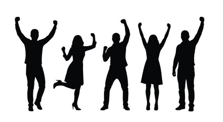 Diverse group of five people celebrating a major success with raised arms vector graphic illustration
