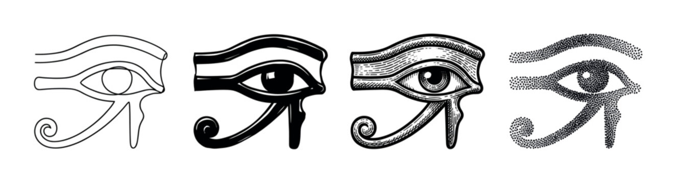 Eye of Horus ancient Egyptian symbol variations set with different artistic styles including outline, solid, engraved, and stippled designs.
