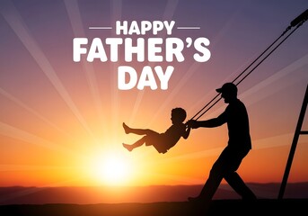 A silhouette of a father playing with his child on a swing at sunset