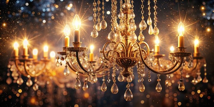 Vintage chandeliers covered in glitter lights against a dark background