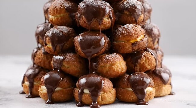 Delicious profiterole tower drizzled with chocolate and a dusting of powdered sugar