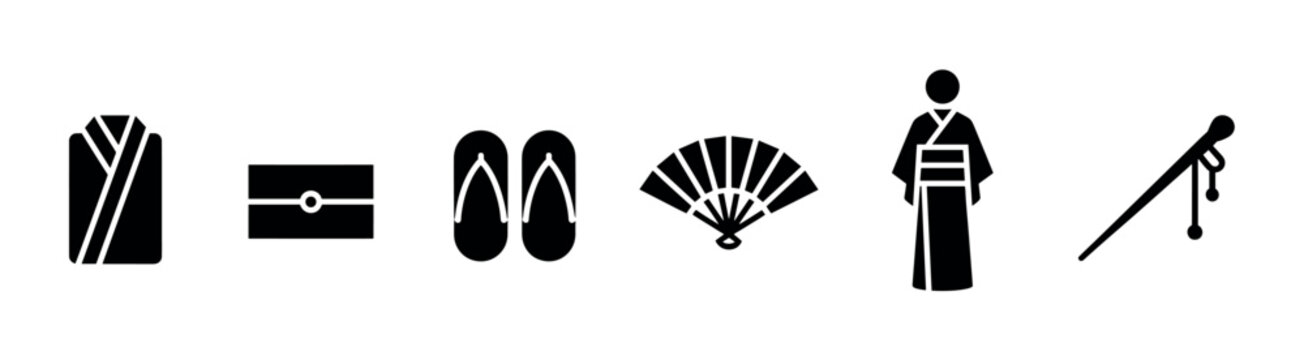 Japanese traditional clothing and accessories icons collection featuring cultural garments, footwear, and ornaments.