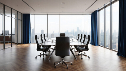 Executive Boardroom with Panoramic City View, Blue Curtains, and Floor-to-Ceiling Windows