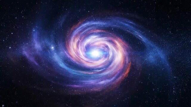 A mesmerizing celestial view of a galaxy, spiraling in space. Colors of purple, orange, blue, and white form a vibrant display. Millions of stars are spread